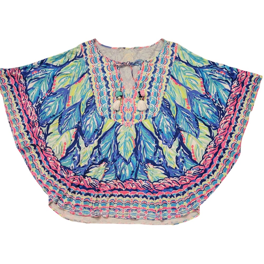 Lilly Pulitzer S/M Tunic Top Blue Pink Floral Tassel Kaftan BRITTA Knit Poncho